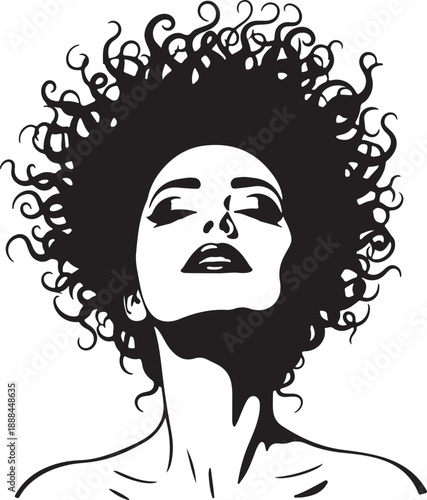 Artistic black and white illustration of a woman with a voluminous afro hairstyle, looking upwards with closed eyes. Empowered, soulful, confident.
