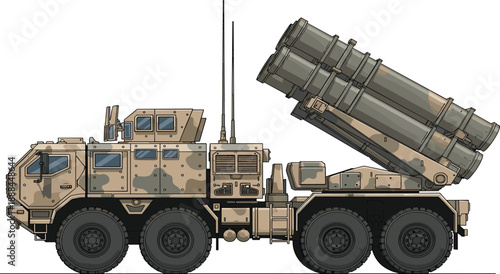 Military missile launcher vehicle with desert camouflage, armored cab, antennas, and elevated launch system for mobile deployment and modern defense technology operations.