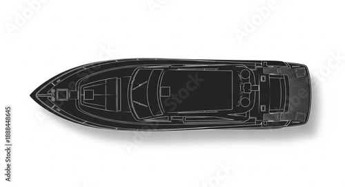 Top view of a sleek black luxury yacht on a white background.