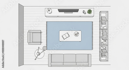 Top view of a modern living room furniture layout plan.
