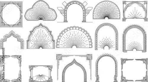Set of fifteen decorative arch and frame designs featuring geometric, scalloped, and ornamental styles for graphic design, architecture, and artistic layout inspiration.