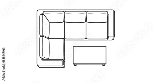Top view line drawing of a sectional sofa and coffee table.