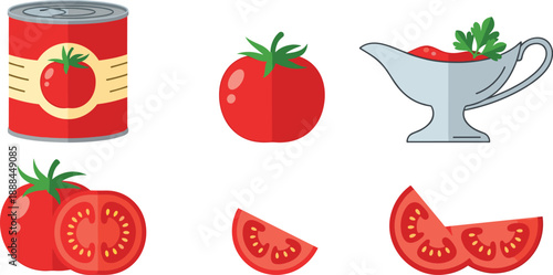 Set of six tomato-themed illustrations including whole, sliced, canned, and sauced tomatoes, ideal for culinary, nutritional, and educational vector design use.