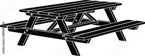 Silhouette of wooden picnic table with benches and bolt placements for carpentry reference, outdoor furniture design, and structural illustration.