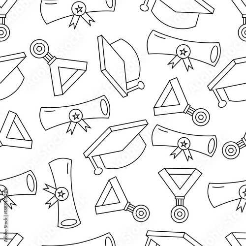 Graduation theme pattern background. Seamless graduation attributes doodle pattern. Graduation supplies icon. Set of graduation atttibutes icon.