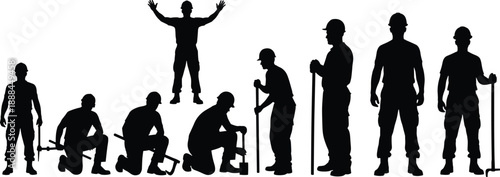 Collection of nine construction worker silhouettes featuring various standing and kneeling poses with shovels and tools for professional industrial development projects