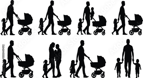 Silhouettes of adults and children in family scenes, showing parenting, caregiving, and daily life moments in a minimalist black-and-white visual style.