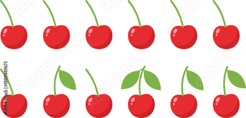 Set of cute red cherry fruit icons vector illustration, simple sweet berry collection for healthy food design