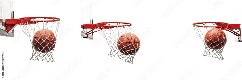 Fototapeta premium : Set of basketball falling through net and rim from different angles isolated on white background,