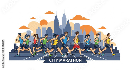 City Marathon Runners Racing Through Urban Landscape.