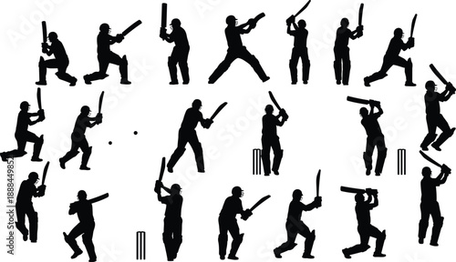 Cricket Batsman Silhouette Set Showing Dynamic Batting Actions, Stances, and Swing Poses for Sports Illustration and Design Projects Marketing Use