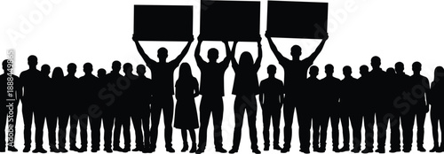 Black and white silhouette of a large crowd of people participating in a peaceful protest demonstration or public strike holding up blank placards and signs