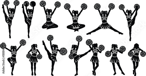 Cheerleader Silhouette Set Featuring Energetic Jumping, Kicking, and Pom Pom Dance Poses for Sports Events, School Spirit, Fitness, and Performance Design Projects
