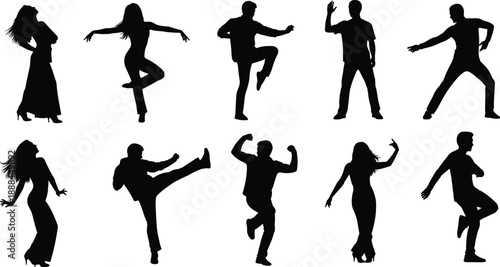 Dynamic Dance Silhouette Collection Featuring Men and Women Performing Expressive Dance Moves, Modern Steps, and Energetic Body Poses for Music, Event, and Lifestyle Design Use