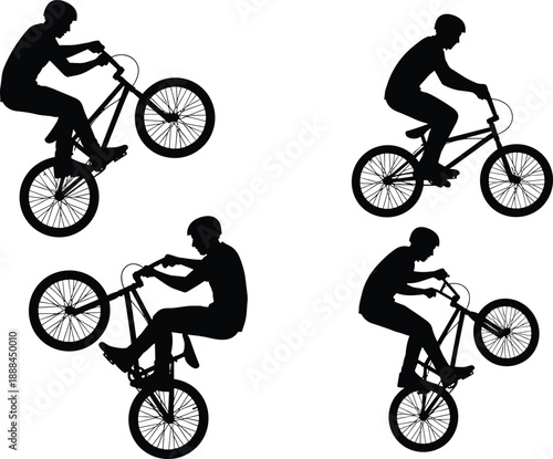 BMX Rider Silhouette Collection Showing Extreme Bicycle Stunts, Wheelie Tricks, and Urban Cycling Action Poses for Sports Design and Advertising Use