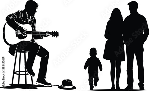 Black and White Silhouette Vector Illustration of a Male Street Musician Sitting on a Stool Playing Acoustic Guitar for a Family With a Small Child