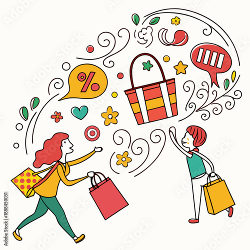 Two women shopping with colorful bags and sale symbols floating around them in a playful illustration