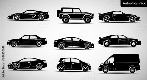 Collection of Black Silhouettes of Various Cars and Vehicles.