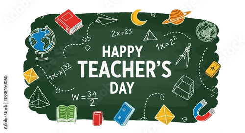 Happy Teacher's Day Chalkboard Illustration with Educational Icons and Formulas