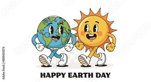 Retro Sun and Earth Characters Walking Together Celebrating Happy Earth Day