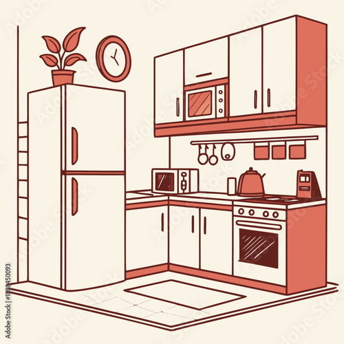 Modern kitchen interior with white and red appliances and decor vector illustration of a clean and organized cooking space