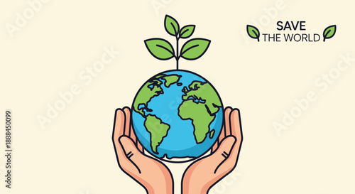 Hands holding planet Earth with plant seedling growing, symbolizing environmental protection