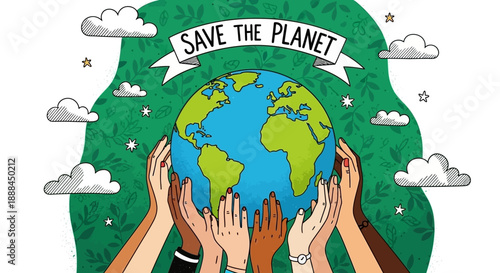 Diverse Hands United to Protect Planet Earth, Promoting Environmental Awareness