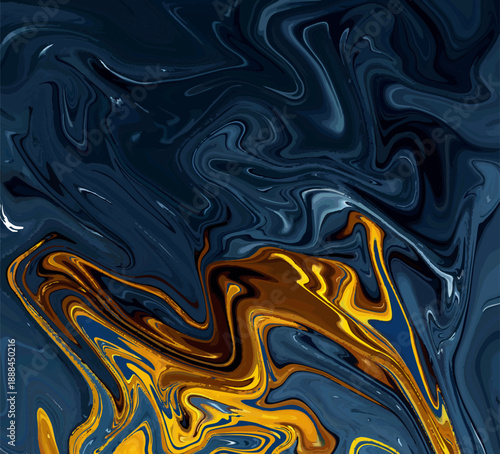 Abstract liquid marble texture background featuring deep navy blue waves dramatically contrasted with vibrant flowing gold and rich dark brown swirls creating sophisticated fluid art