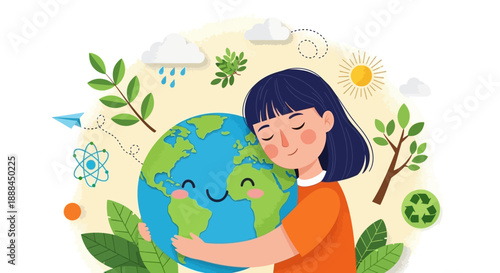 Girl Hugging Planet Earth with Nature Symbols and Recycling Icon, Environment Concept