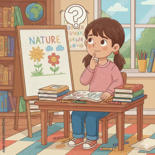 Adorable little girl student presenting and coloring in classroom. Kids education and creativity vector illustration