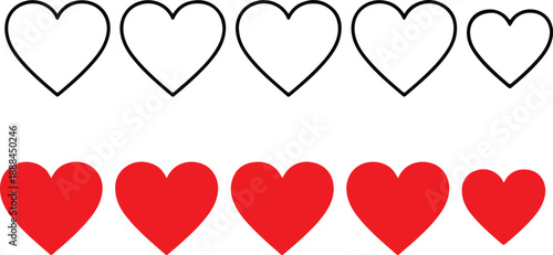 Five outline hearts above five solid red hearts on white background