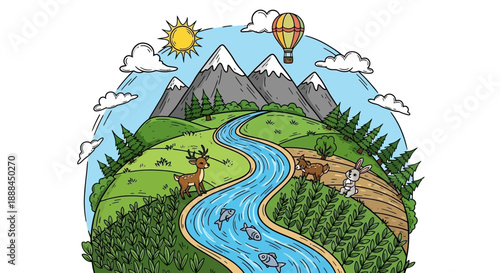 Vibrant Earth Day Landscape Illustration: Mountains, River, Animals, and Hot Air Balloon
