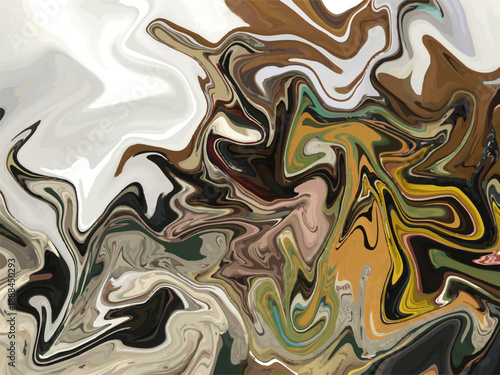 Abstract liquid marble texture background features swirling patterns of earthy tones blending whites browns and deep ochre colors prominently