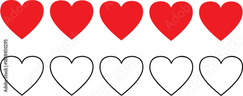 Five red solid hearts above five outlined hearts on white background