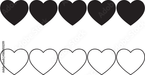 Five solid black hearts above five outlined white hearts on white background love symbol shape