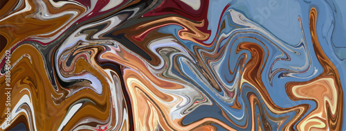 Abstract dynamic fluid art background featuring rich swirls of brown, blue, and muted orange paint creating a unique marbled texture effect