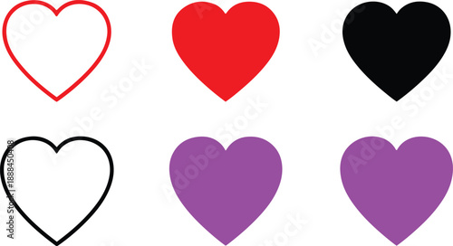 Six heart shapes in red outline red solid black solid black outline purple solid love symbol romance