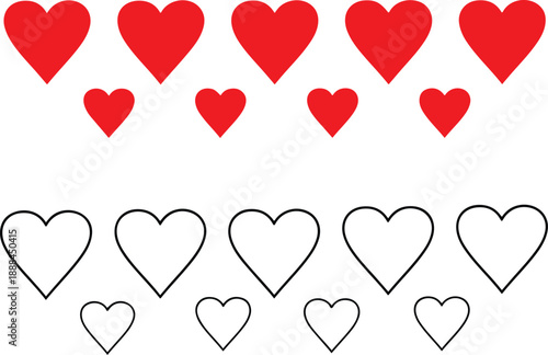 Fotografie Red and outline heart shapes in rows on white background hearts