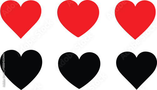 Six hearts red and black on white background symbol