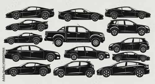 Collection of Diverse Car Silhouettes Vector Illustration.