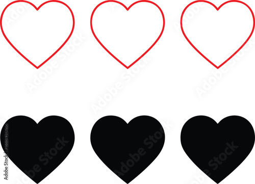 Three red outline hearts above three solid black hearts on white background