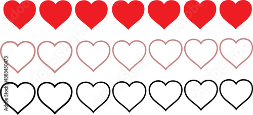 Three rows of heart shapes solid red outline pink and outline black red heart pink heart black heart