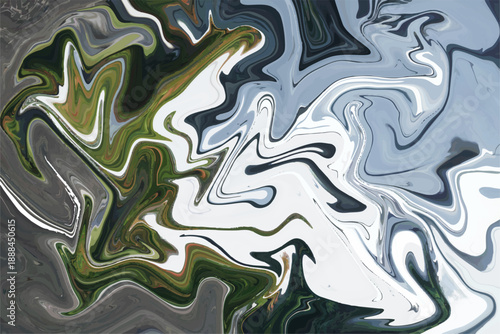 Abstract fluid acrylic swirl painting texture featuring deep forest green, slate gray, and stark white marbled color blending for modern digital wallpaper backgrounds