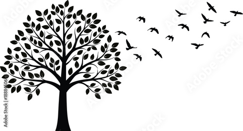 Black and white tree silhouette with flying birds illustration, minimalist nature vector symbolizing freedom, growth, harmony, ecology, and calm atmosphere for modern design projects