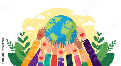 Diverse Hands Holding Globe with Red Hearts, Symbolizing Global Unity and Environmental Care