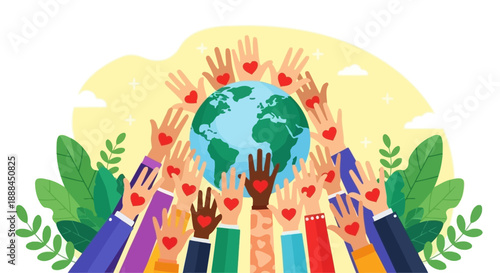 Diverse Hands with Hearts Embracing Planet Earth, Symbolizing Unity and Global Care
