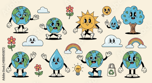 Retro Groovy Earth Day Characters with Sun, Clouds, and Tree Vector Collection