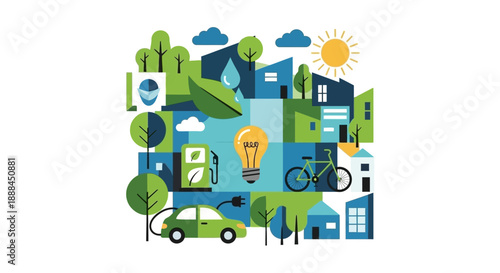 Green City Ecology Concept with Electric Car, Bicycle, and Renewable Energy Sources