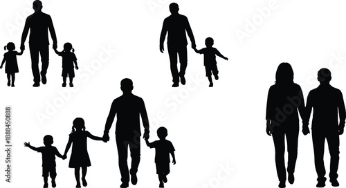 Silhouettes of adults and children walking hand-in-hand, representing diverse family relationships, caregiving roles, and emotional bonding in a minimalist black-and-white visual style.