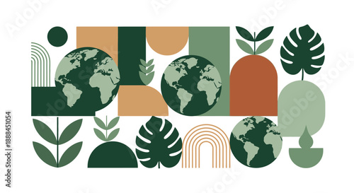 Eco-conscious Geometric Earth and Plant Vector Pattern
